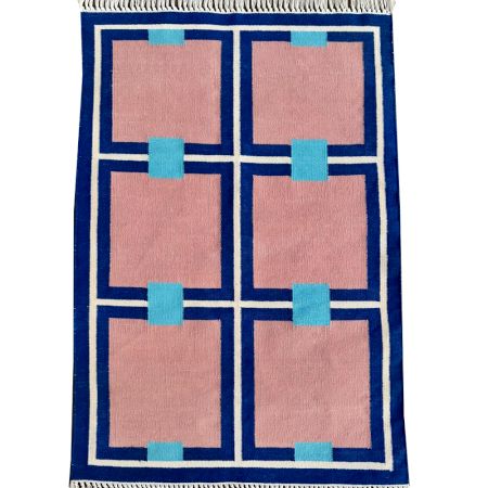 Handmade Blue And Beige Cotton Modern Dhurrie